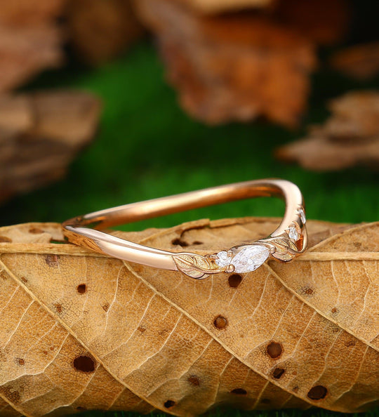Art Deco Leaf Wedding Band Unique Rose Gold Stacking Matching Ring - Esdomera