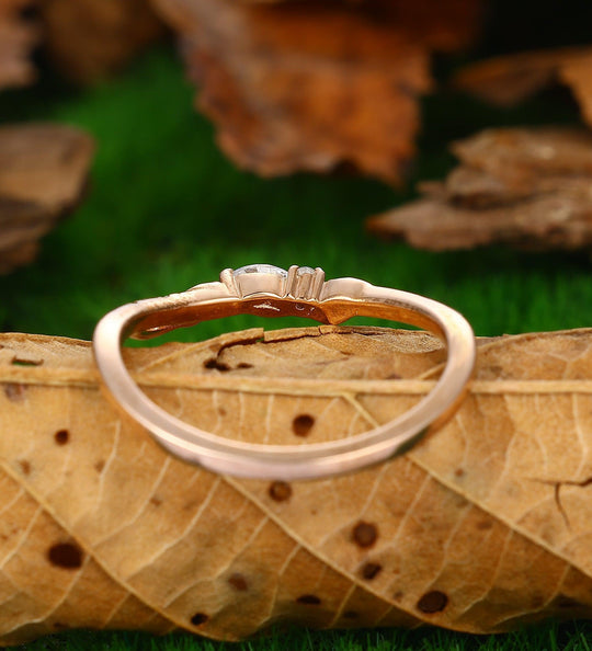 Art Deco Leaf Wedding Band Unique Rose Gold Stacking Matching Ring - Esdomera