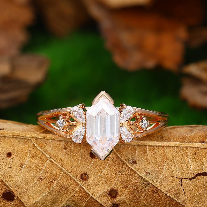 Art Deco Long Hexagon 1.1CT Moissanite Pear Cut Gemstone Cluster Bridal Promise Ring - Esdomera