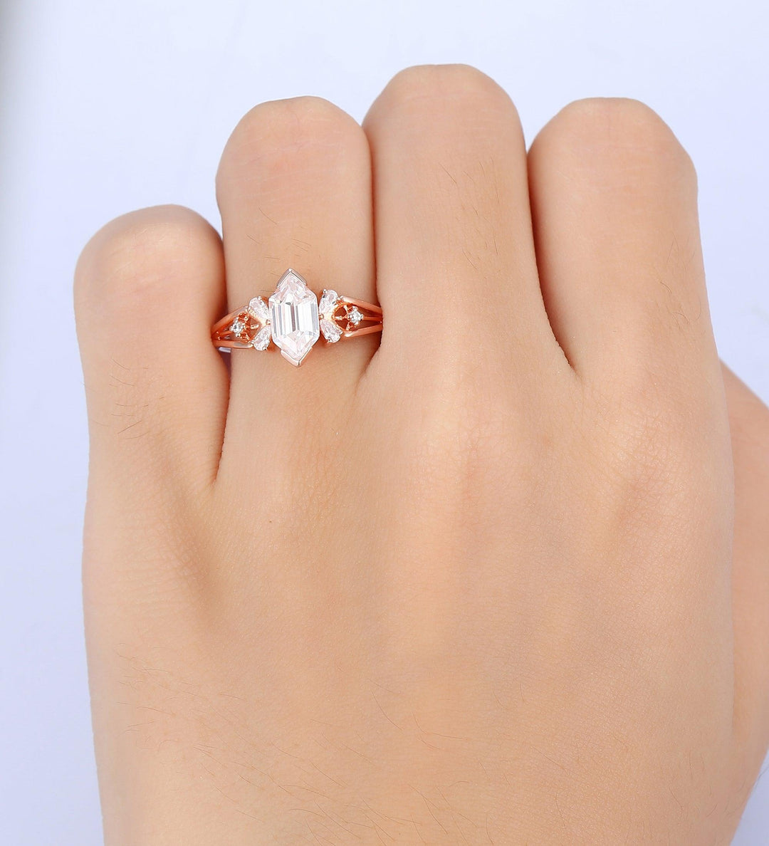 Art Deco Long Hexagon 1.1CT Moissanite Pear Cut Gemstone Cluster Bridal Promise Ring - Esdomera