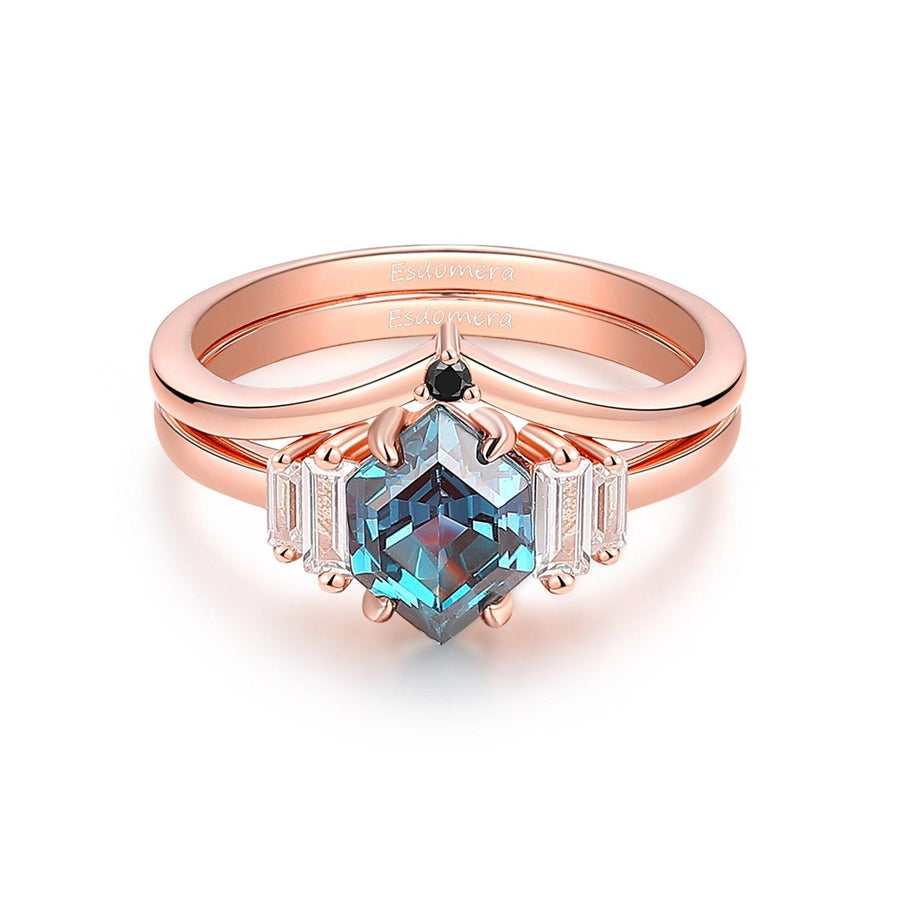 Art Deco Long Hexagon Cut 6x8mm Alexandrite Bridal Sets, Moissanites Accents Engagement Ring Set, Black Spinel Curved Band Stackable Ring - Esdomera