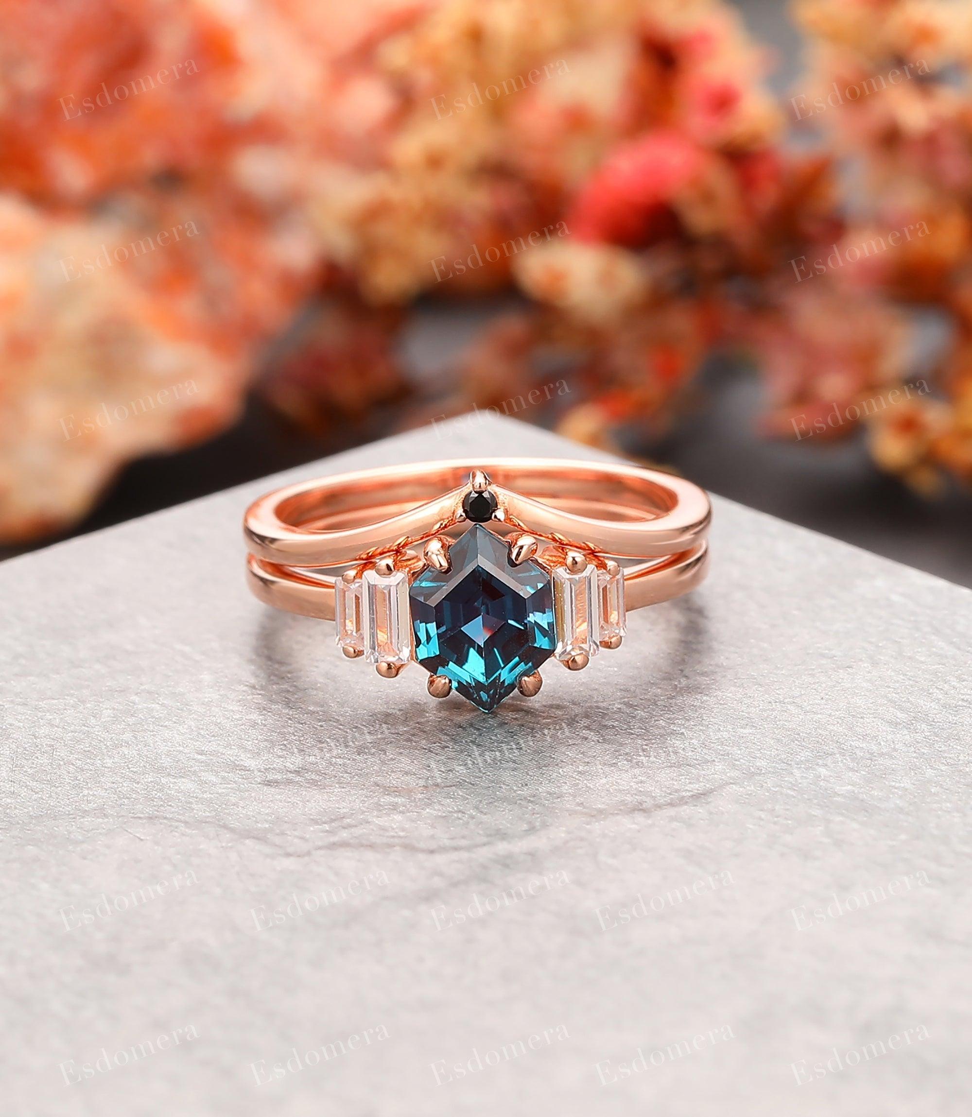 Art Deco Long Hexagon Cut 6x8mm Alexandrite Bridal Sets