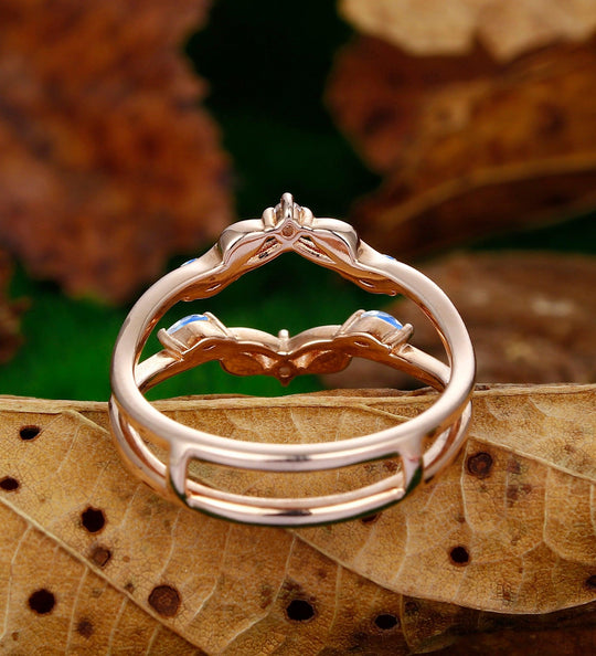 Art Deco Natural Moonstone&Moissanite Wedding Promise Ring Nesting Band - Esdomera