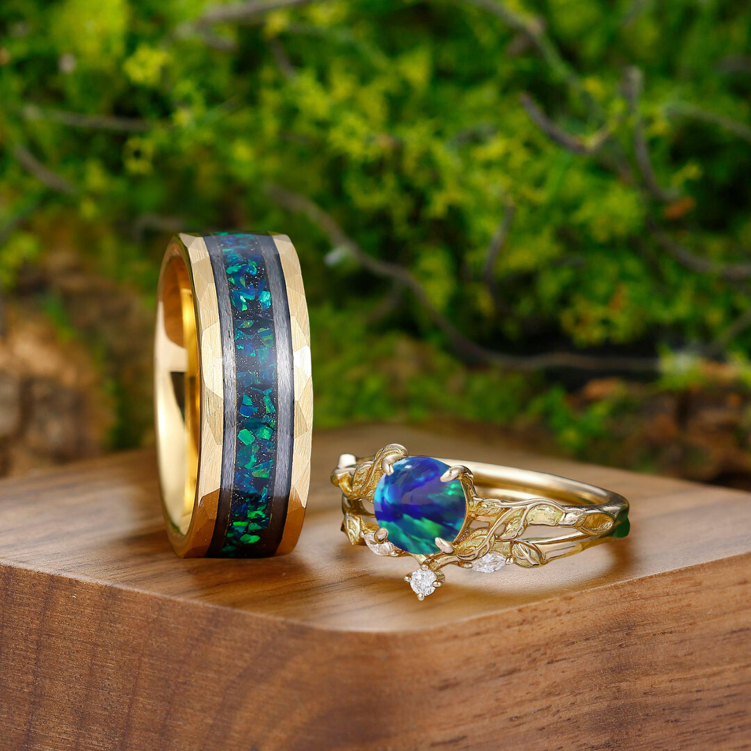 Art Deco Peacock Green Opal Prongs Setting Couple Rings Set Promise Tungsten His And Hers Wedding Ring - Esdomera