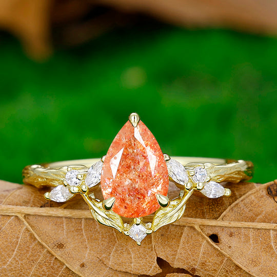 Art Deco Pear Cut Orange Sunstone Leaf Branches Engagement Ring Promise Women Bridal Ring - Esdomera