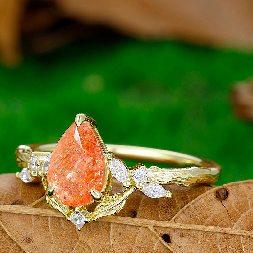 Art Deco Pear Cut Orange Sunstone Leaf Branches Engagement Ring Promise Women Bridal Ring - Esdomera