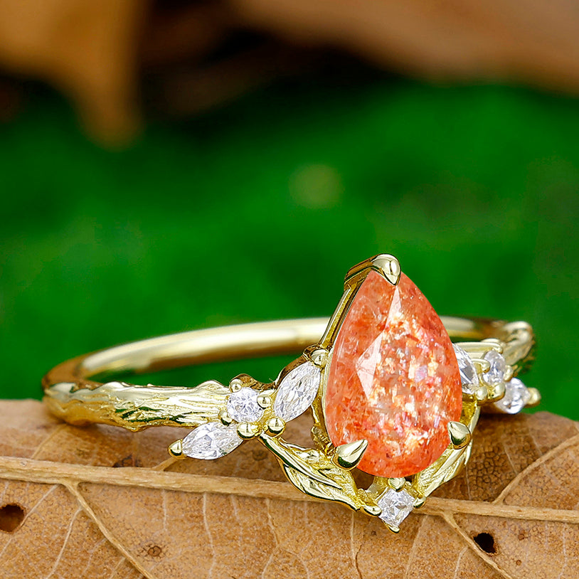 Art Deco Pear Cut Orange Sunstone Leaf Branches Engagement Ring Promise Women Bridal Ring - Esdomera