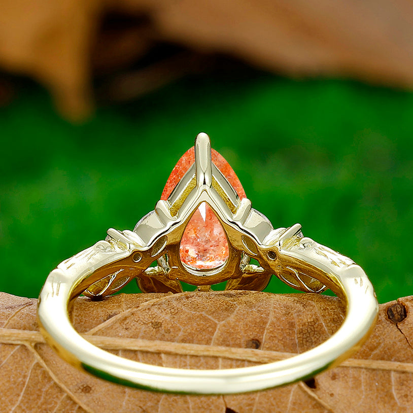 Art Deco Pear Cut Orange Sunstone Leaf Branches Engagement Ring Promise Women Bridal Ring - Esdomera