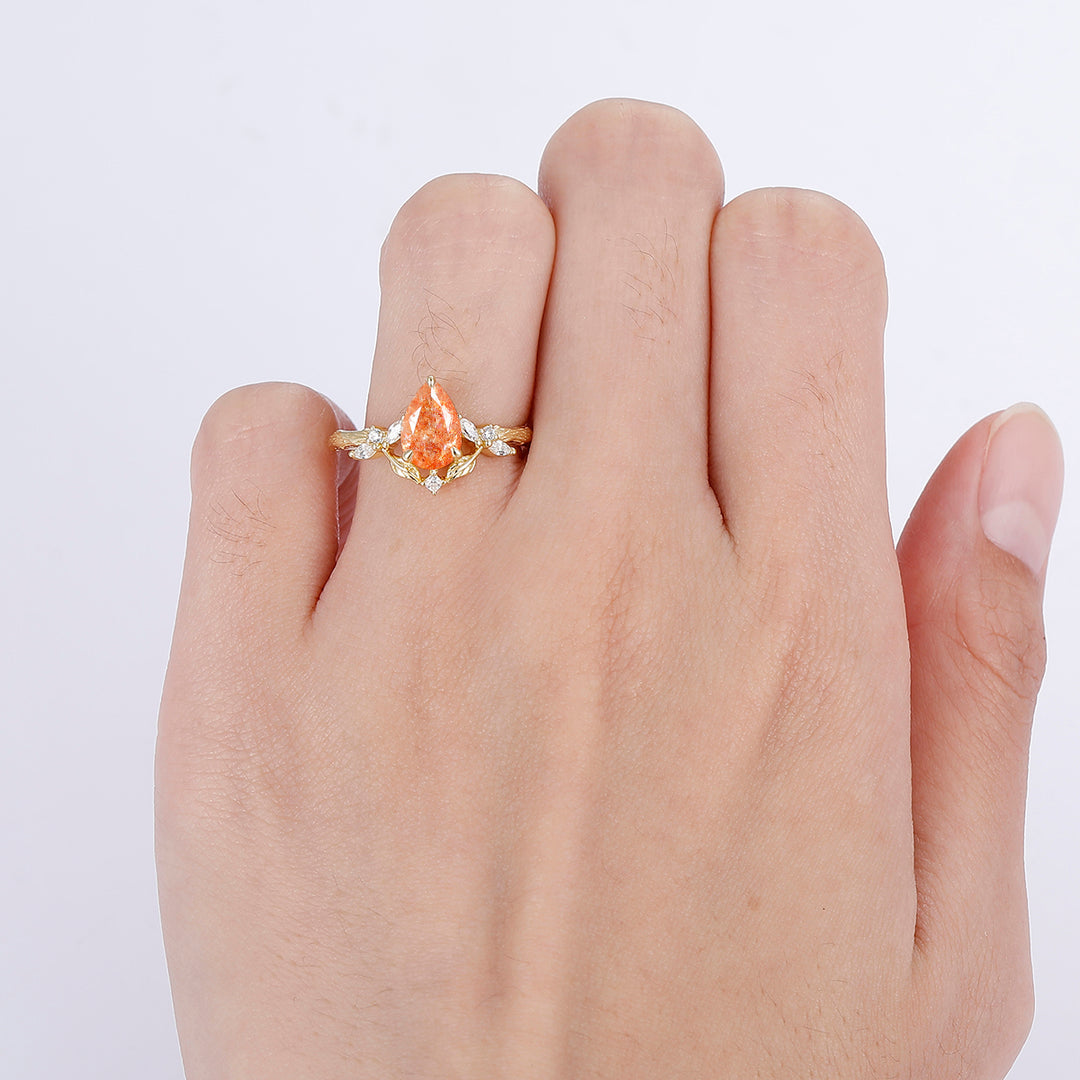 Art Deco Pear Cut Orange Sunstone Leaf Branches Engagement Ring Promise Women Bridal Ring - Esdomera