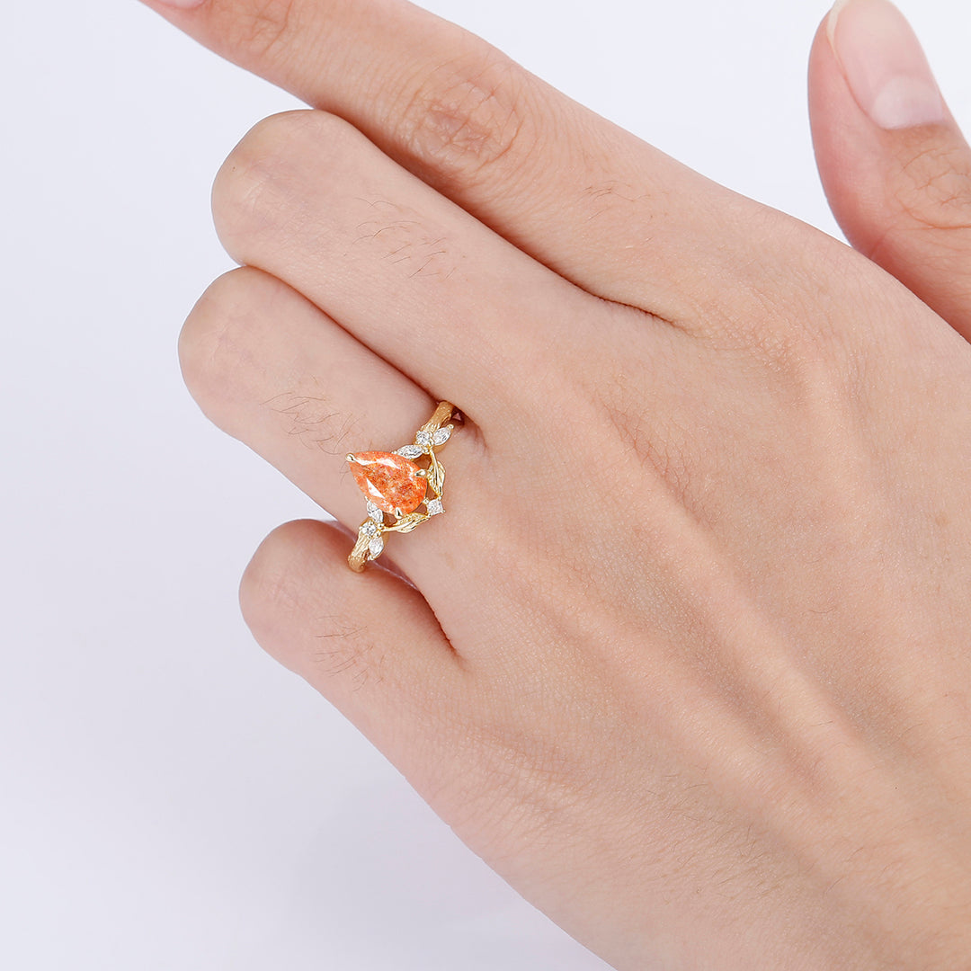 Art Deco Pear Cut Orange Sunstone Leaf Branches Engagement Ring Promise Women Bridal Ring - Esdomera