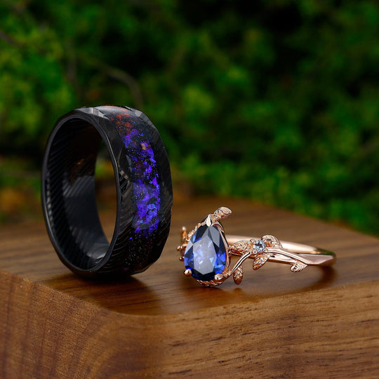 Art Deco Pear Leaf Blue Sapphire Sliver His and Hers Wedding Band Damascus Steel Matching Ring - Esdomera