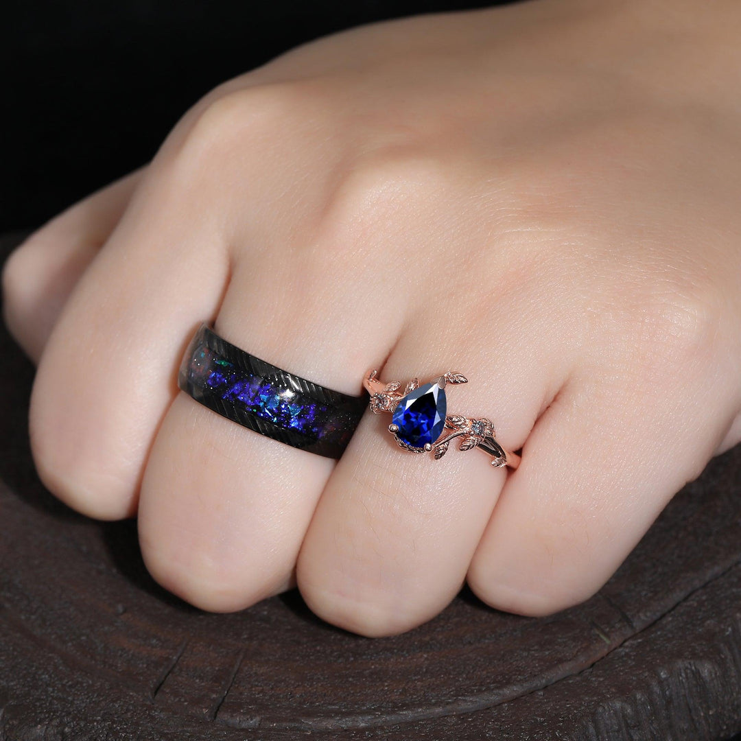 Art Deco Pear Leaf Blue Sapphire Sliver His and Hers Wedding Band Damascus Steel Matching Ring - Esdomera