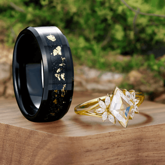 Art Deco Petal Moissanite Engagement His and Hers Wedding Rings Gold Leaf Tungsten Matching Rings - Esdomera