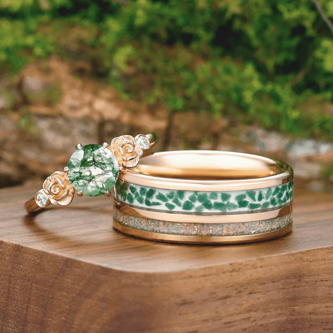 Art Deco Prongs Moss Agate Rose Shape Couples Gold Plated Ring Tungsten Couples Set - Esdomera