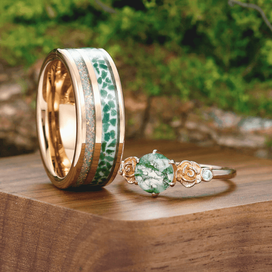 Art Deco Prongs Moss Agate Rose Shape Couples Gold Plated Ring Tungsten Couples Set - Esdomera