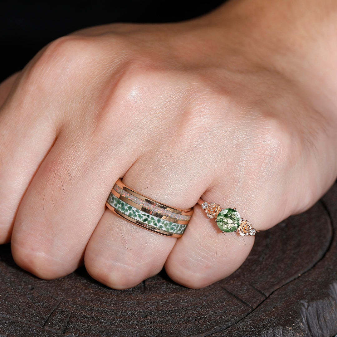 Art Deco Prongs Moss Agate Rose Shape Couples Gold Plated Ring Tungsten Couples Set - Esdomera