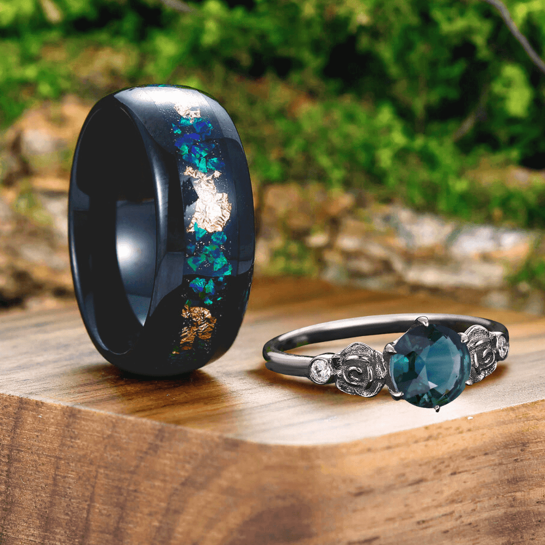 Art Deco Rose Shaped Teal Blue Sapphire Engagement Couples Ring Opal Tungsten Matching Couples Promise Ring Set - Esdomera