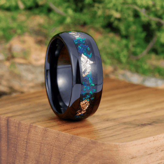 Art Deco Rose Shaped Teal Blue Sapphire Engagement Couples Ring Opal Tungsten Matching Couples Promise Ring Set - Esdomera