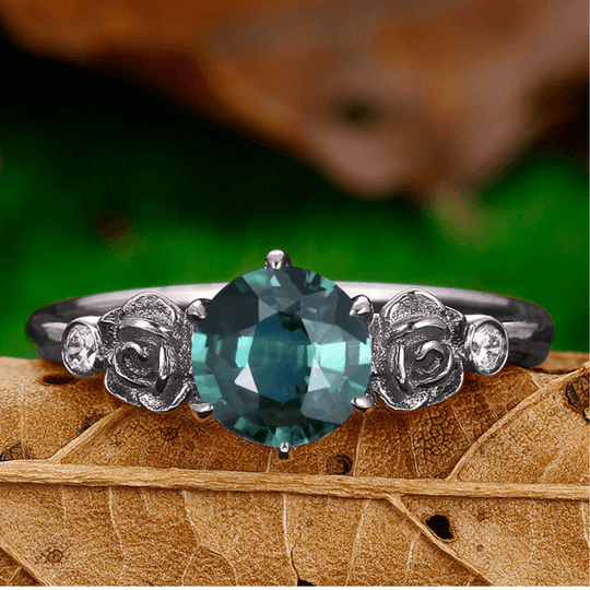 Art Deco Rose Shaped Teal Blue Sapphire Engagement Couples Ring Opal Tungsten Matching Couples Promise Ring Set - Esdomera