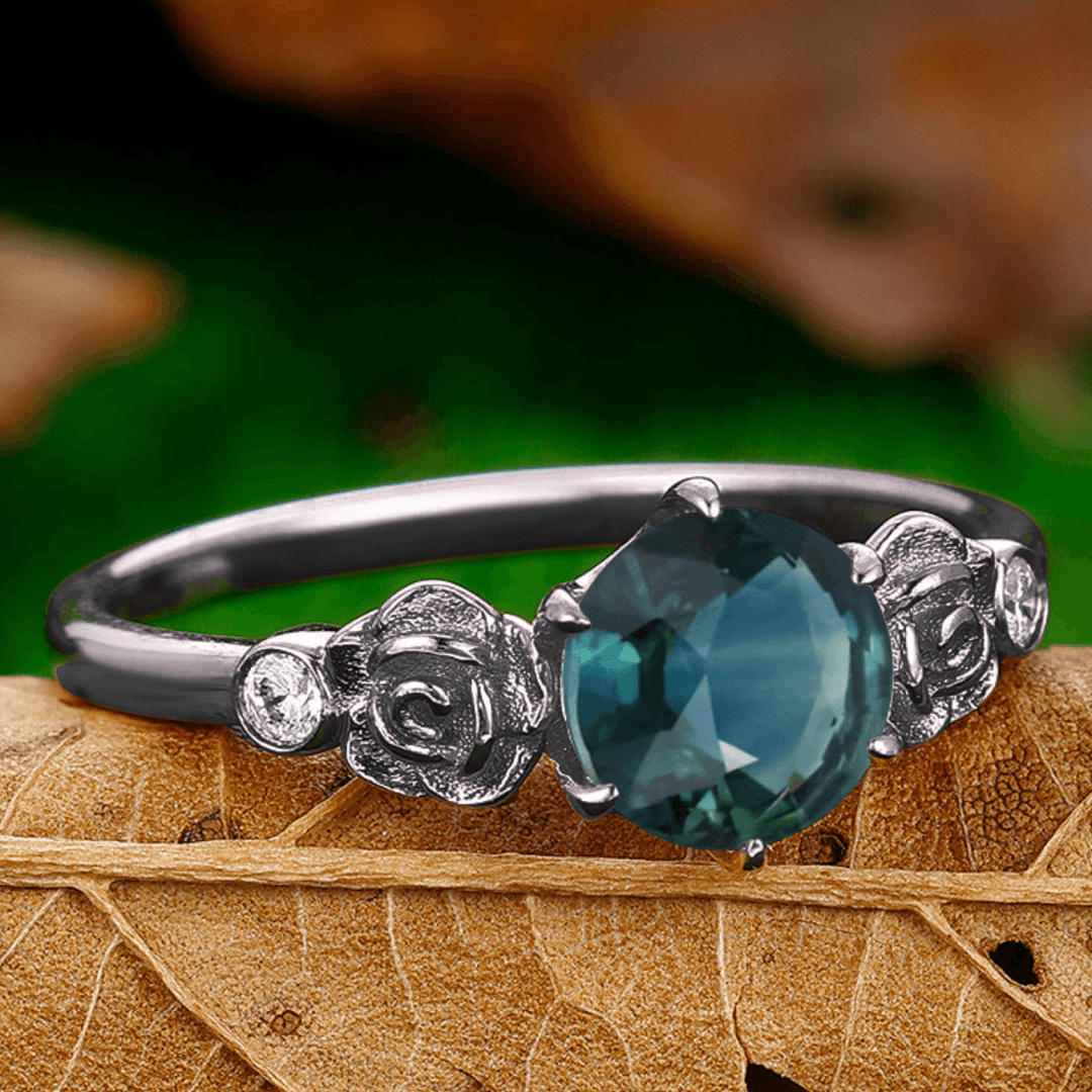 Art Deco Rose Shaped Teal Blue Sapphire Engagement Couples Ring Opal Tungsten Matching Couples Promise Ring Set - Esdomera