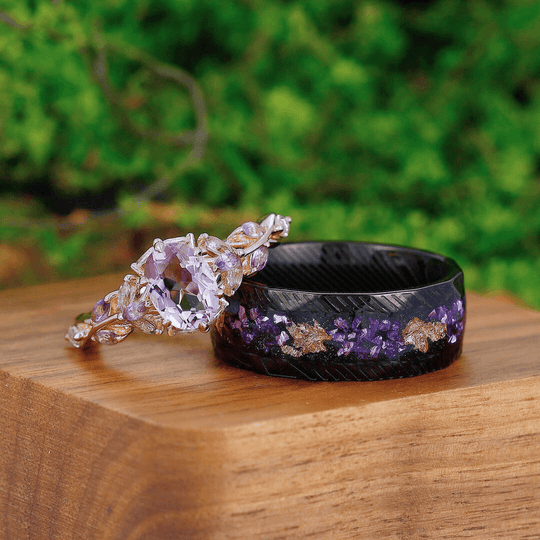 Art Deco S925 Purple Amethyst Engagement Promise Couple Rings Gold Foil His and Hers Wedding Band - Esdomera