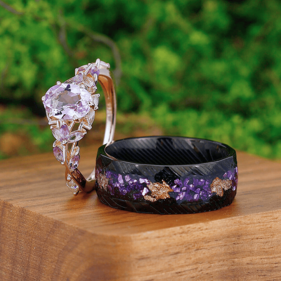 Art Deco S925 Purple Amethyst Engagement Promise Couple Rings Gold Foil His and Hers Wedding Band - Esdomera