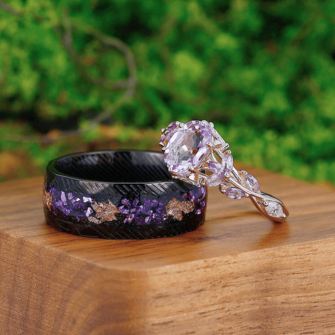 Art Deco S925 Purple Amethyst Engagement Promise Couple Rings Gold Foil His and Hers Wedding Band - Esdomera