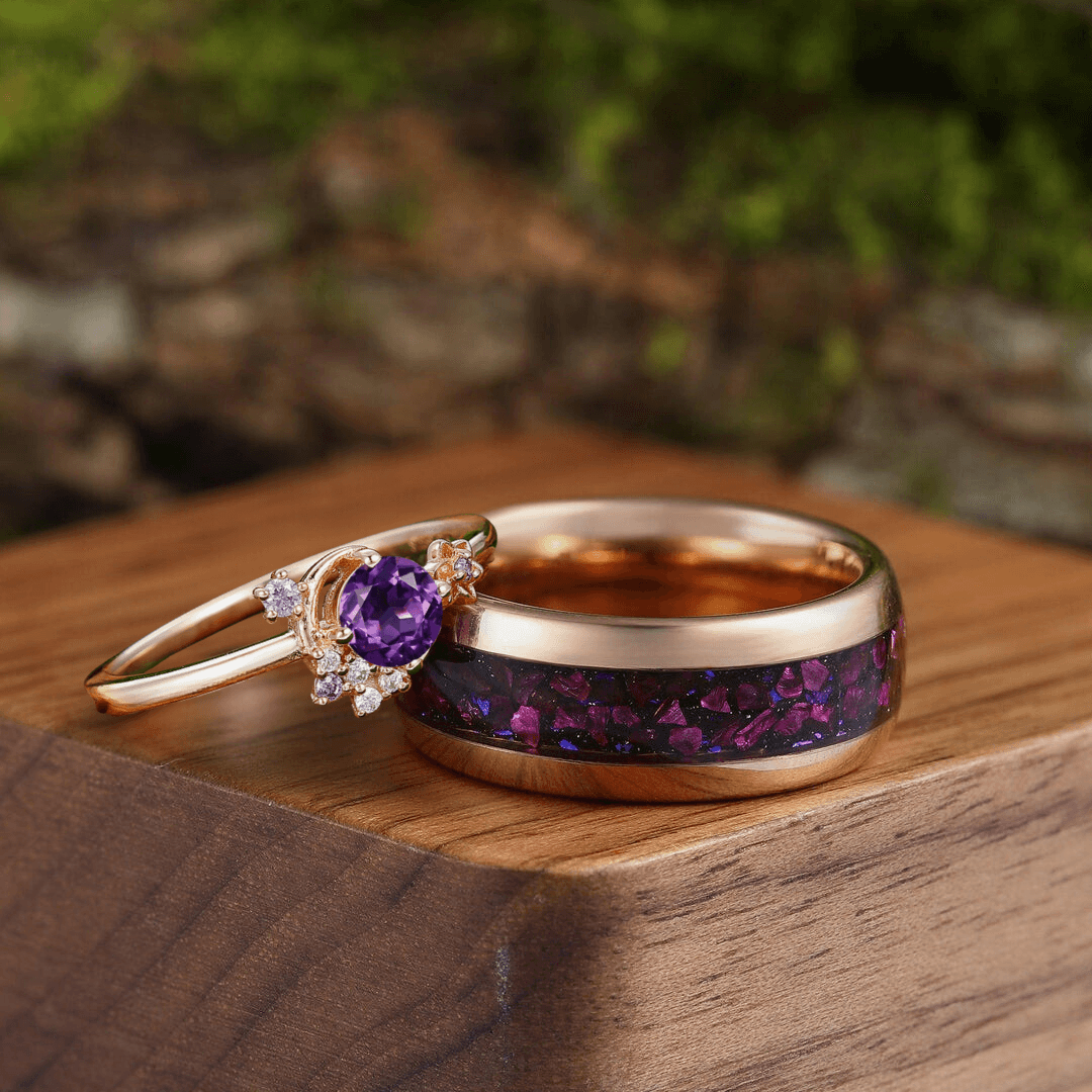 Art Deco Sailor Moon Round Amethyst Engagement Couples Ring Set Tungsten Matching Wedding Ring - Esdomera