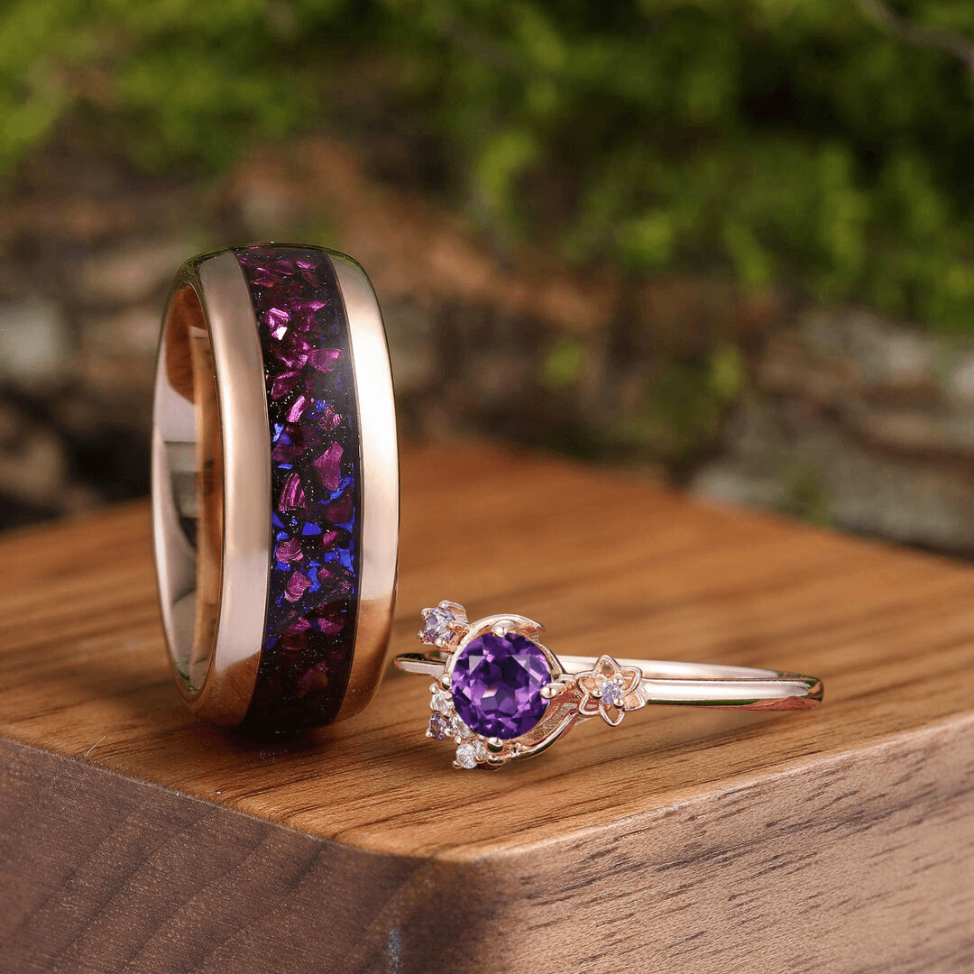 Art Deco Sailor Moon Round Amethyst Engagement Couples Ring Set Tungsten Matching Wedding Ring - Esdomera