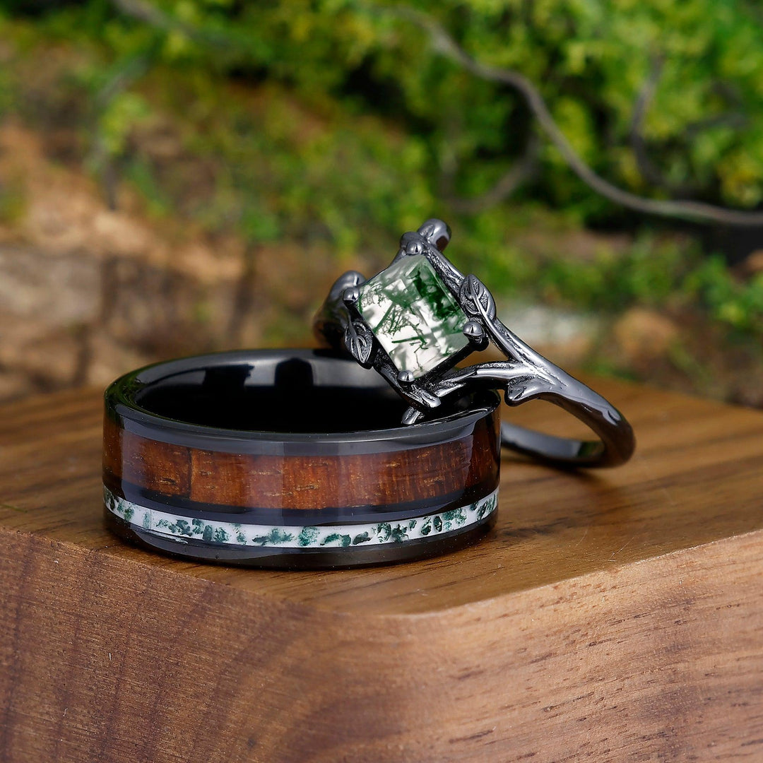 Artistic Emerald Cut Moss Agate Textured Branches Couples Ring Set Tungsten His and Hers Wedding Band - Esdomera