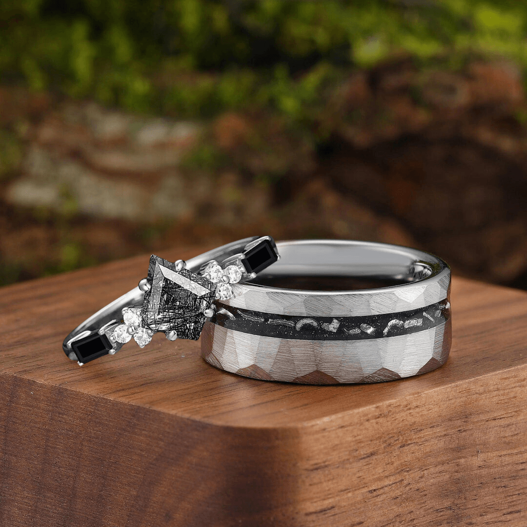 Artsy Black Rutilated Quartz Promise Rings For Couples Meteorite Tungsten Matching Ring - Esdomera