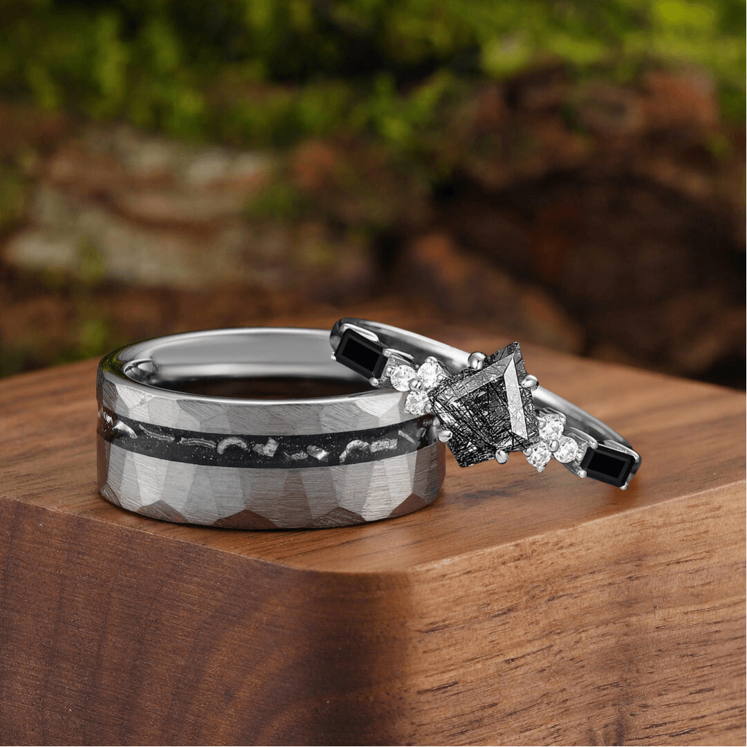 Artsy Black Rutilated Quartz Promise Rings For Couples Meteorite Tungsten Matching Ring - Esdomera