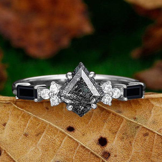 Artsy Black Rutilated Quartz Promise Rings For Couples Meteorite Tungsten Matching Ring - Esdomera