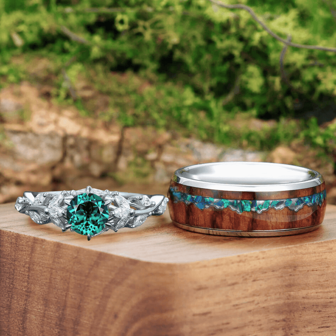 Artsy Branches Emerald Engagement His and Hers Wedding Rings Wood Tungsten Promise Couple Rings Set - Esdomera