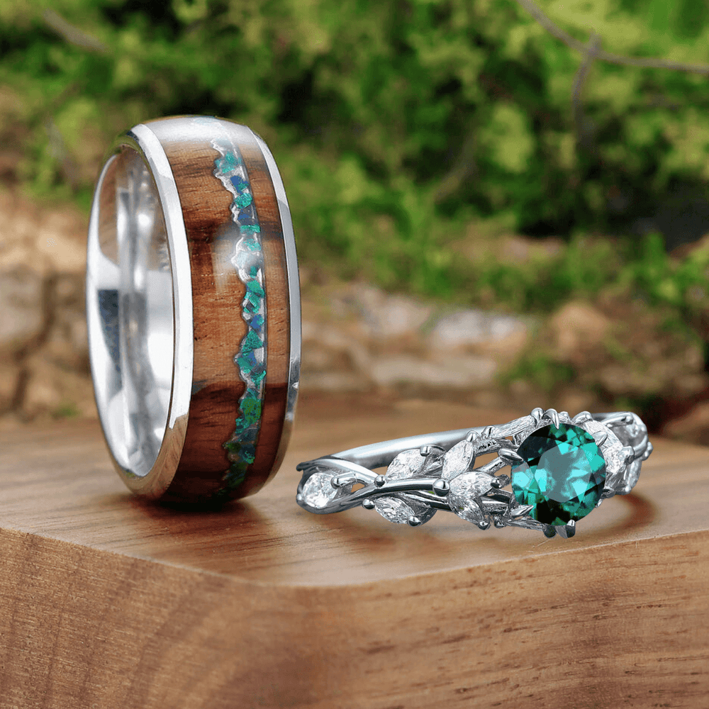 Artsy Branches Emerald Engagement His and Hers Wedding Rings Wood Tungsten Promise Couple Rings Set - Esdomera