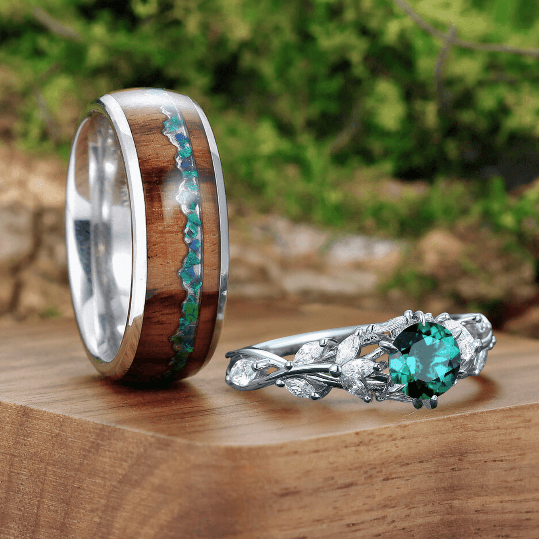 Artsy Branches Emerald Engagement His and Hers Wedding Rings Wood Tungsten Promise Couple Rings Set - Esdomera