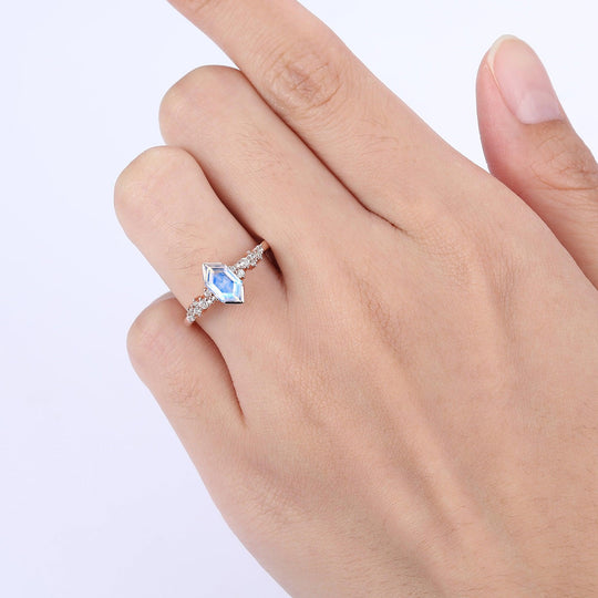 Artsy Elongated Hexagon Cut Moonstone Engagement Ring Promise Anniversary Ring - Esdomera