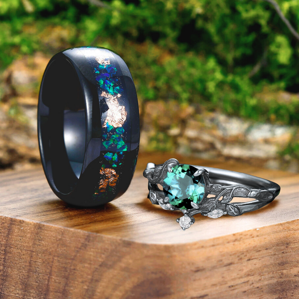 Artsy Green Emerald Stem Engagement Couples Rings Set Promise His And Hers Wedding Band - Esdomera