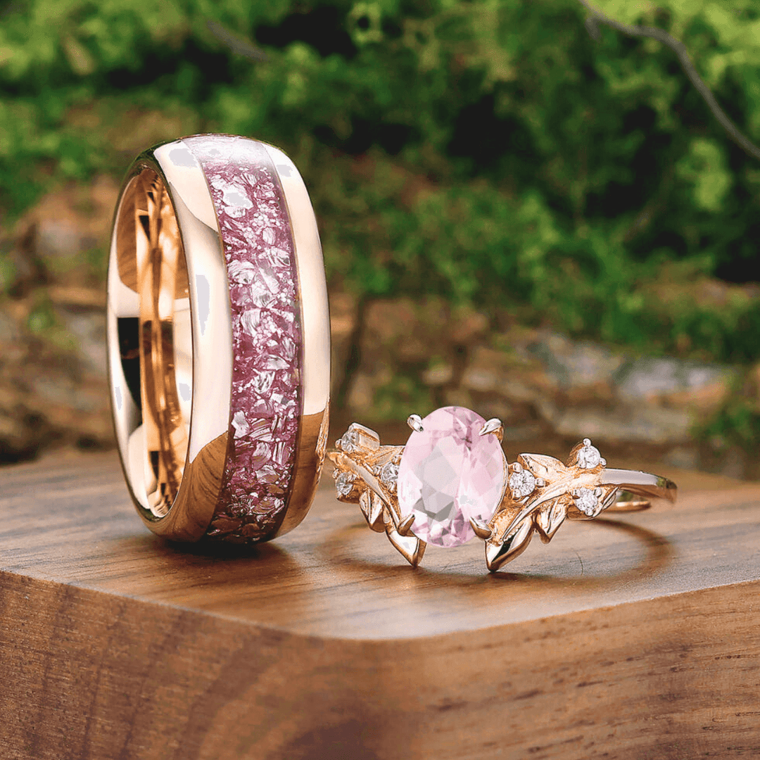 Artsy Leaf 1.25CT Pink Morganite Ring S925 And Tungsten His and Hers Wedding Band - Esdomera