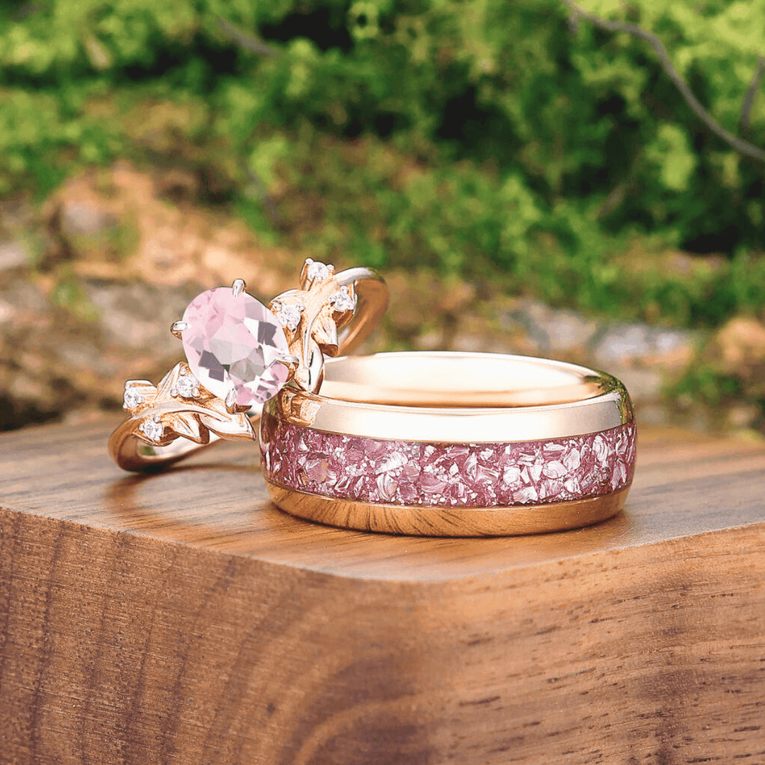 Artsy Leaf Pink Morganite Ring S925 And Tungsten His and