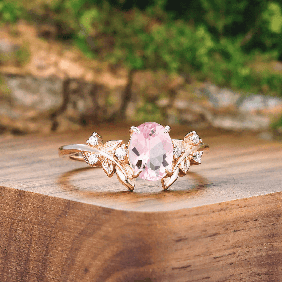 Artsy Leaf 1.25CT Pink Morganite Ring S925 And Tungsten His and Hers Wedding Band - Esdomera