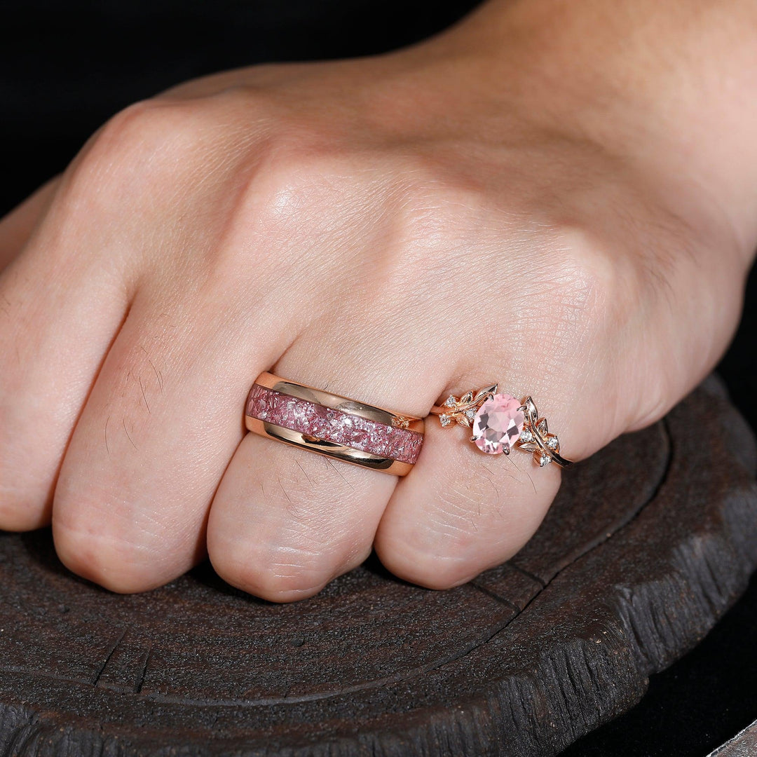 Artsy Leaf 1.25CT Pink Morganite Ring S925 And Tungsten His and Hers Wedding Band - Esdomera