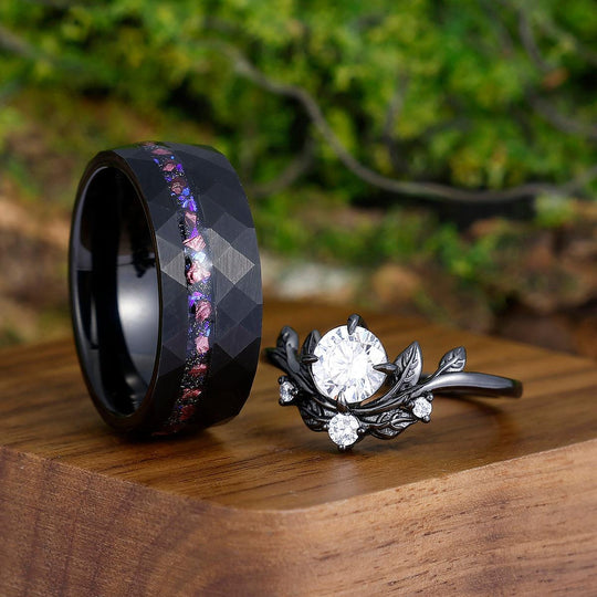 Artsy Leaf Blade Moissanite Engagement Matching Promise Rings Blue Sandstone Purple Tungsten Couples Ring - Esdomera