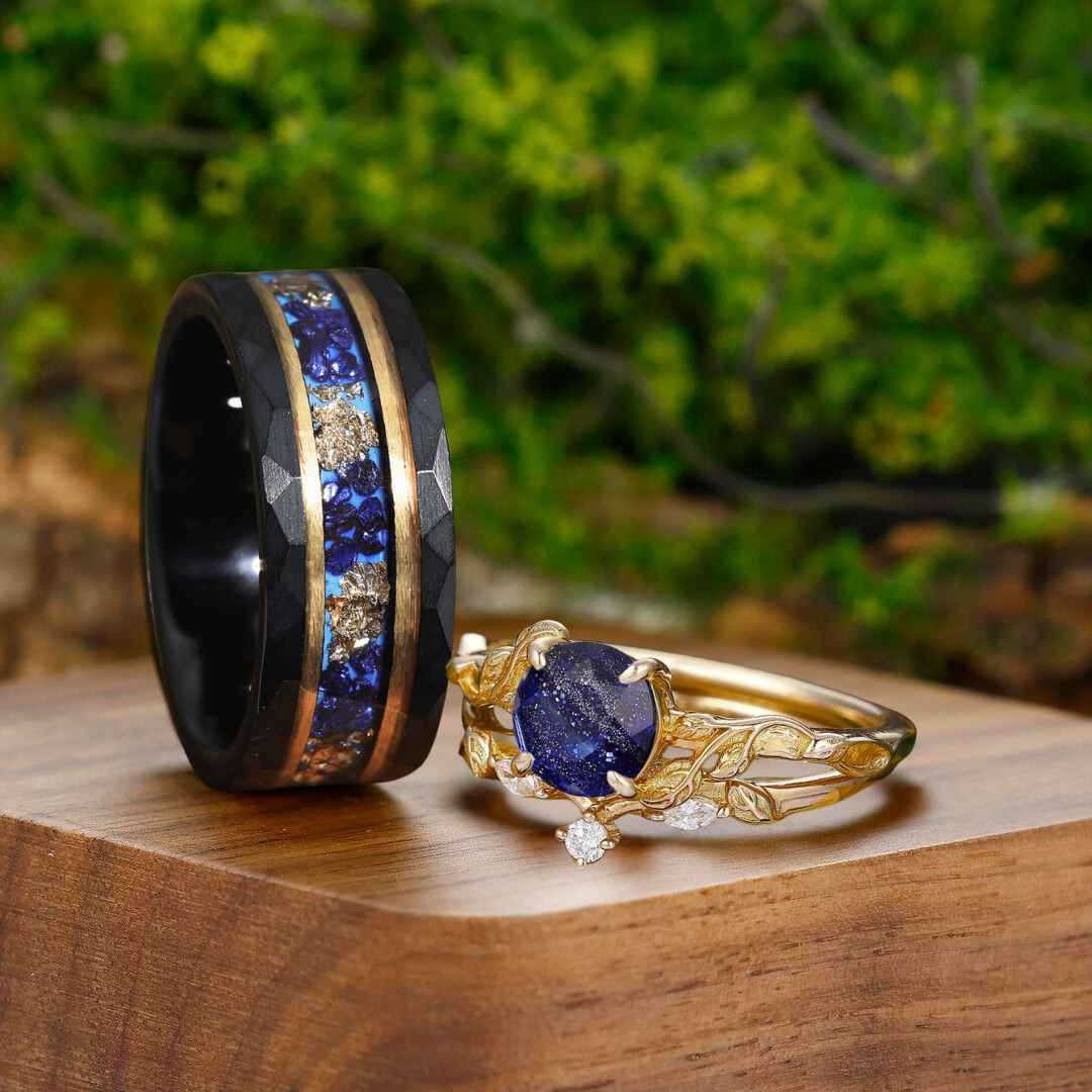 Artsy Leaf Galaxy Sandstone Engagement Couple Rings Matching Blue Tungsten Promise His And Hers Wedding Bands - Esdomera