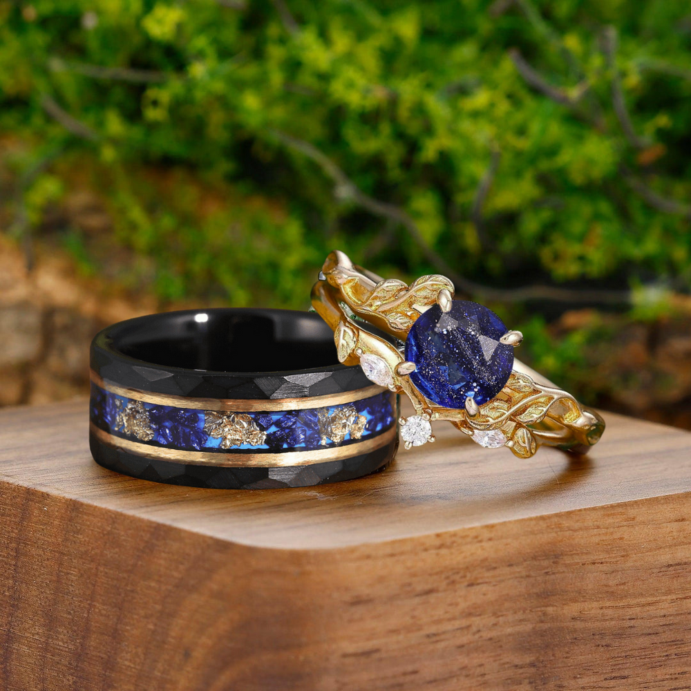 Artsy Leaf Galaxy Sandstone Engagement Couple Rings Matching Blue Tungsten Promise His And Hers Wedding Bands - Esdomera