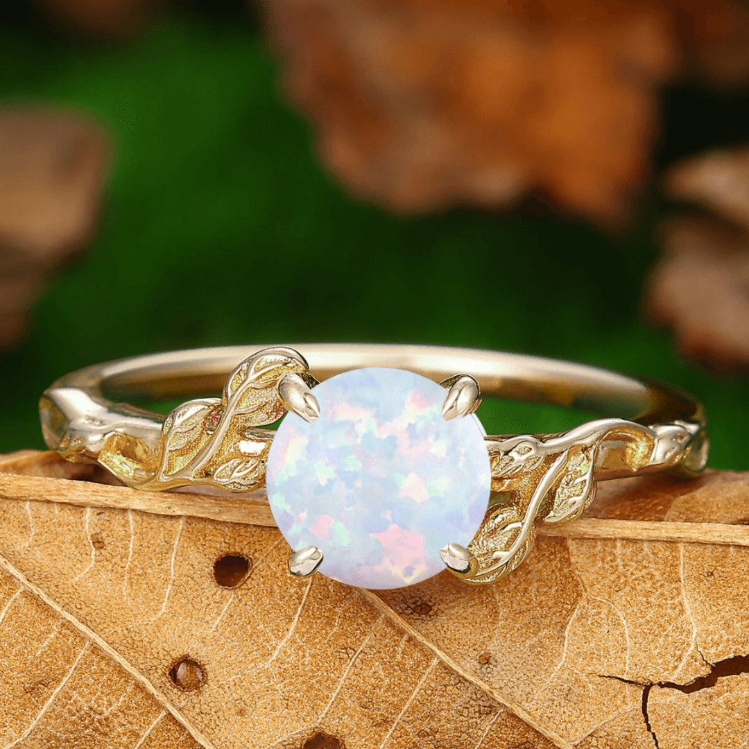 Artsy Leaf Pink White Opal Engagement Promise Rings For Couples Marriage Wedding Ring Set - Esdomera