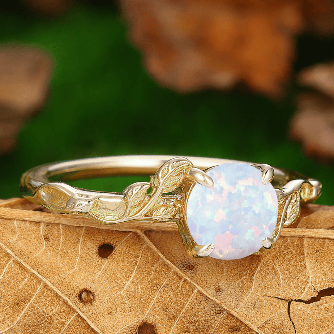 Artsy Leaf Pink White Opal Engagement Promise Rings For Couples Marriage Wedding Ring Set - Esdomera