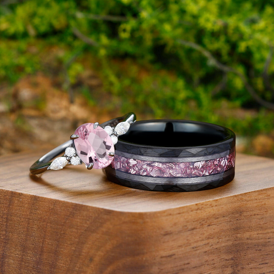 Artsy Pink Morganite Prongs Engagement Couple Rings Matching Black Tungsten Promise His And Hers Wedding Bands - Esdomera