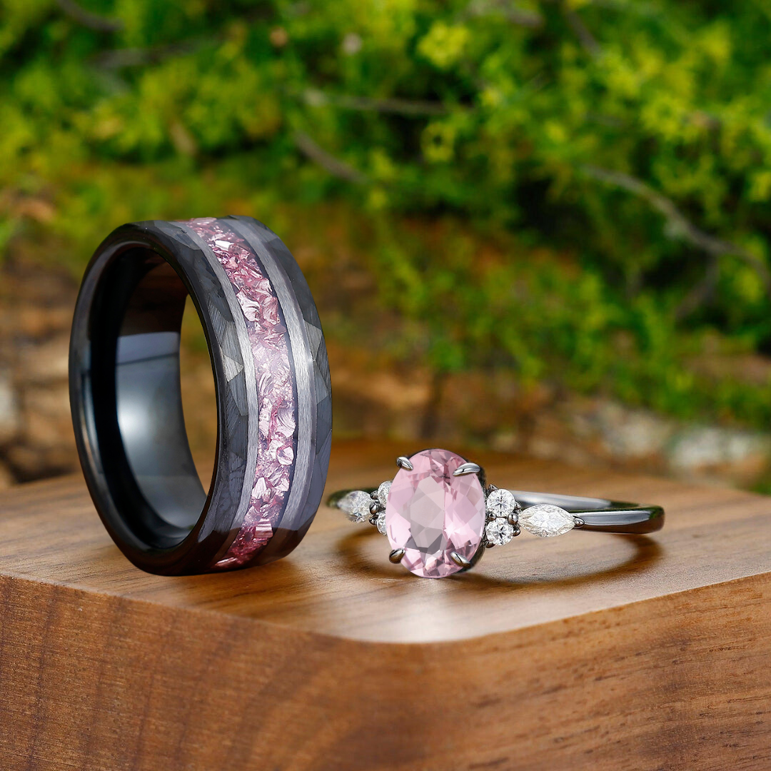 Artsy Pink Morganite Prongs Engagement Couple Rings Matching Black Tungsten Promise His And Hers Wedding Bands - Esdomera