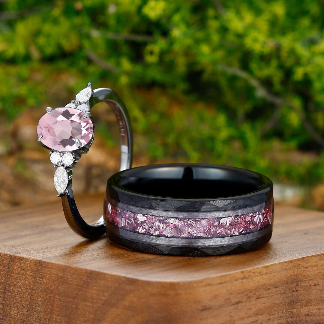 Pink Black Camo Wedding Ring Sets Artsy Pink Morganite Prongs